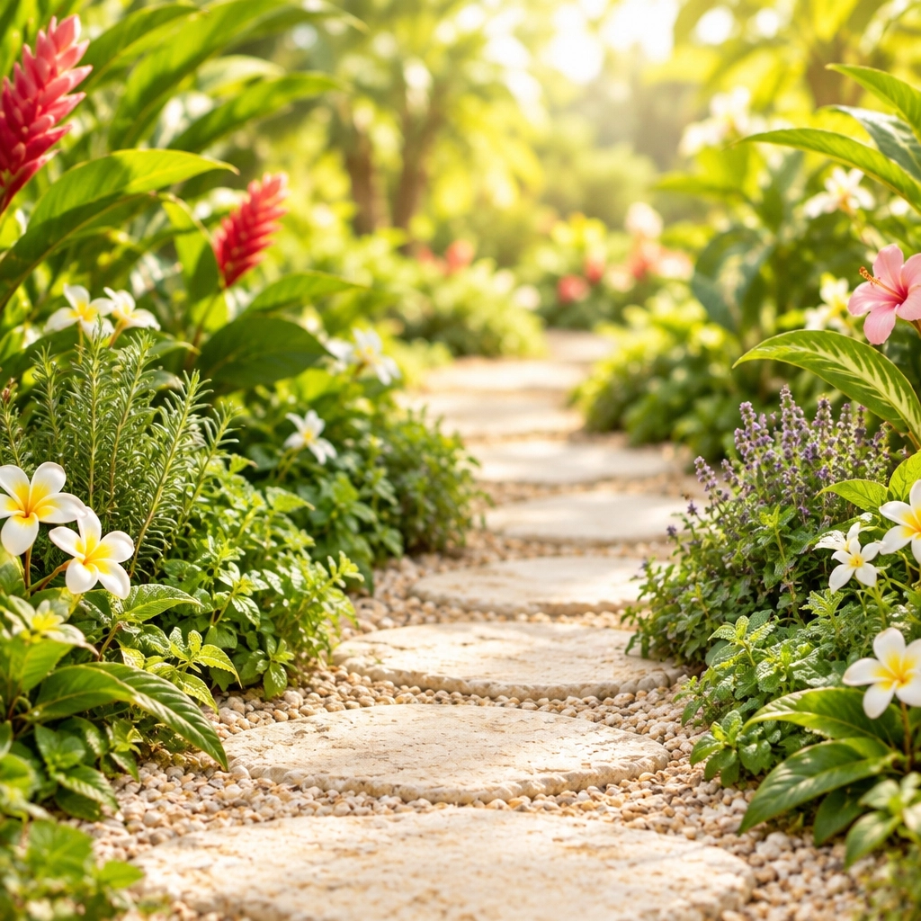 A winding garden path bordered by botanical plants leading into a garden