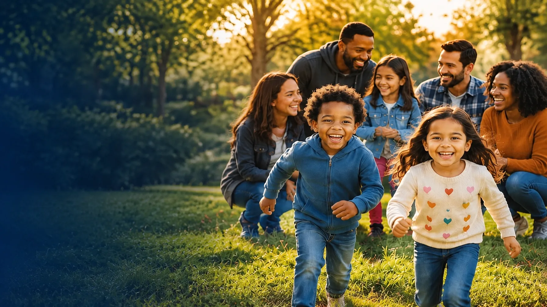 A diverse family and caring mentor sharing a warm conversation outdoors