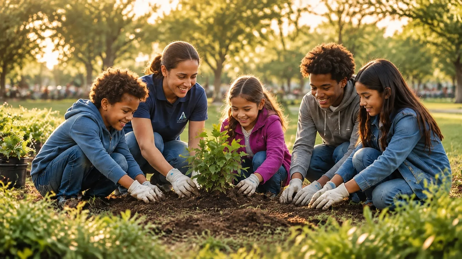 A diverse family and mentor planting together in a community garden
