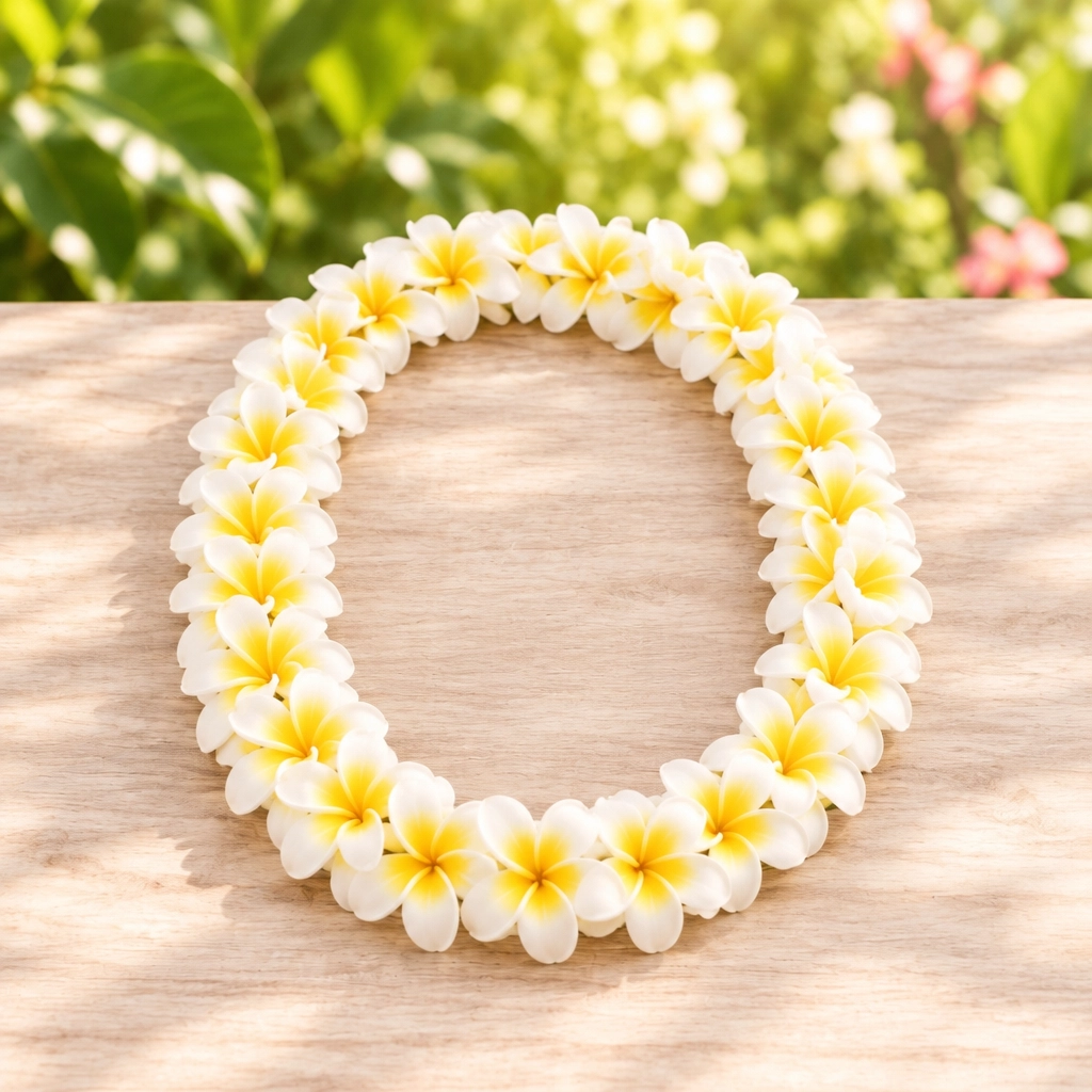 White plumeria lei arranged in a loop