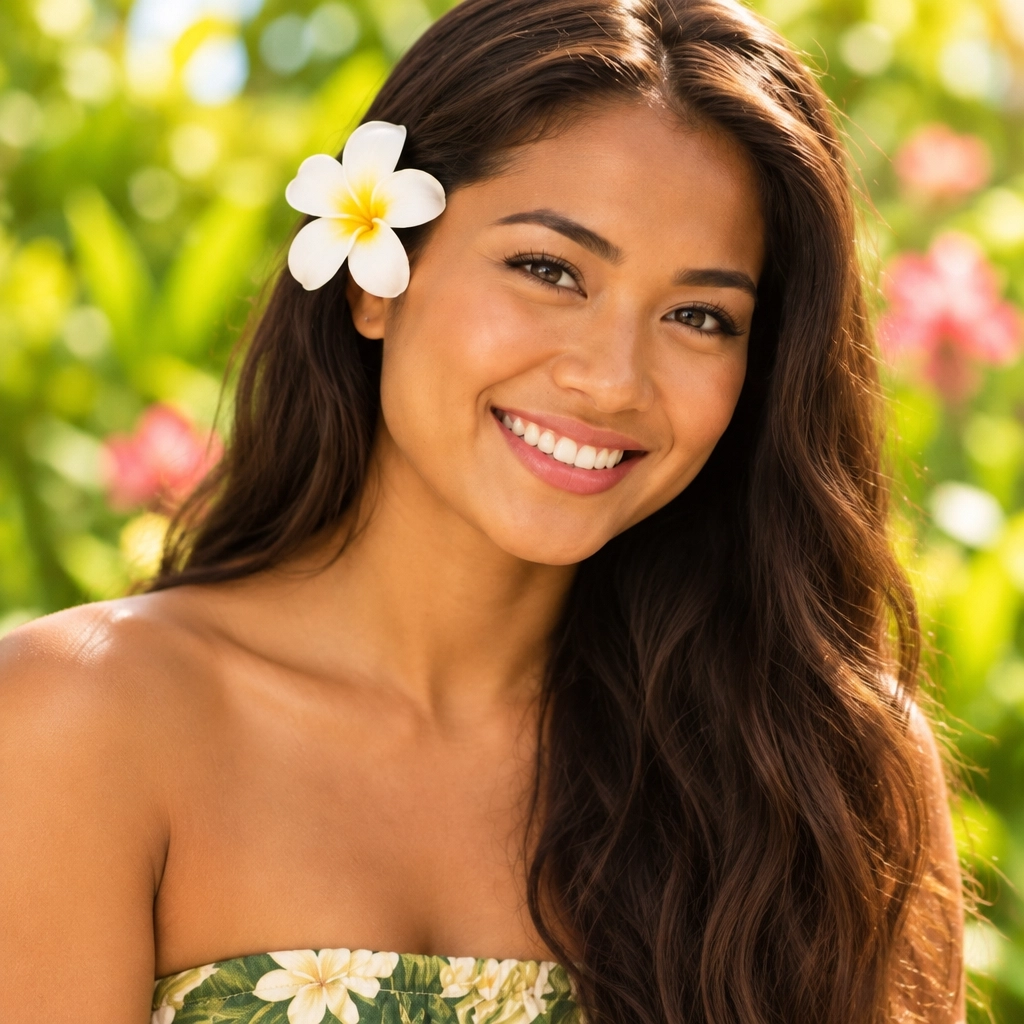 Woman wearing a white plumeria behind her left ear