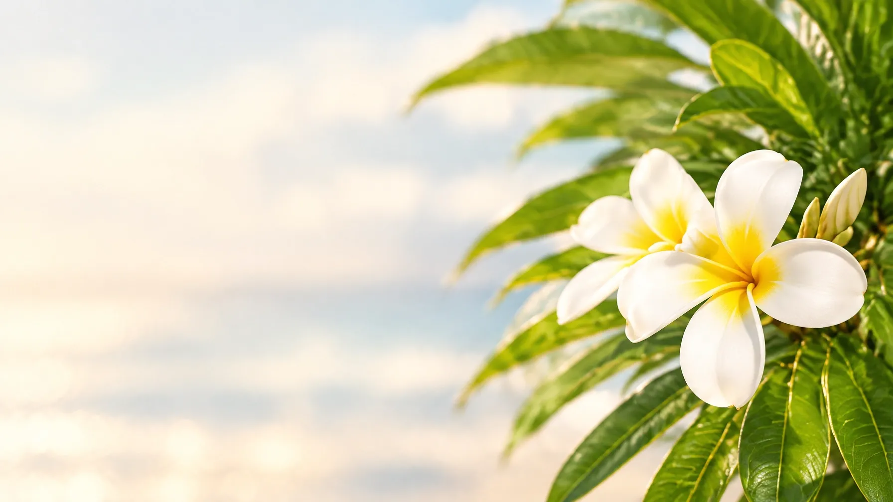 White and yellow plumeria flowers among green tropical leaves